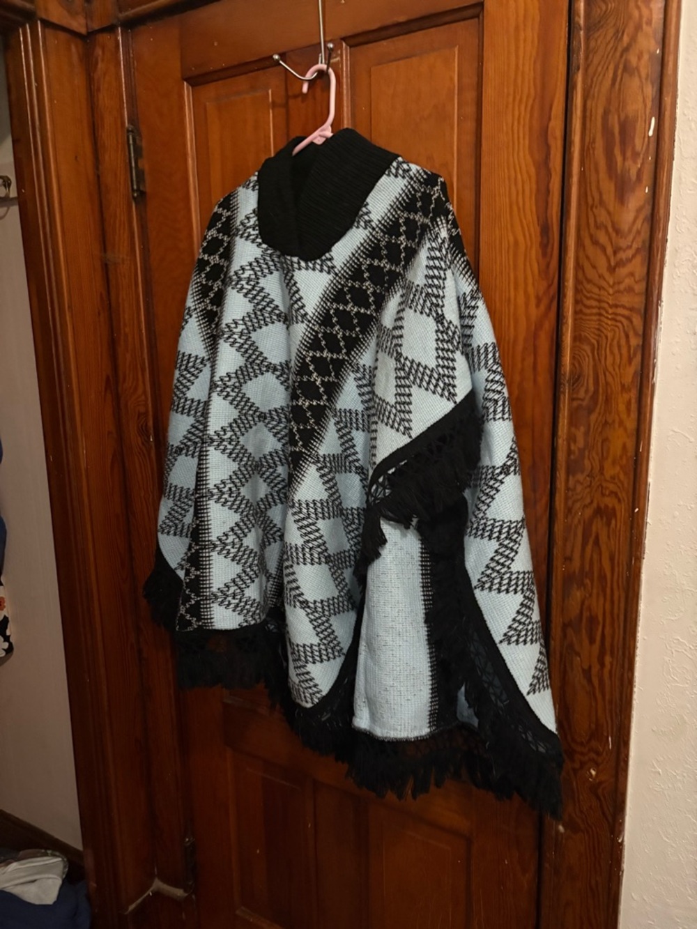 Blue and Black Geometric Fringe Poncho
